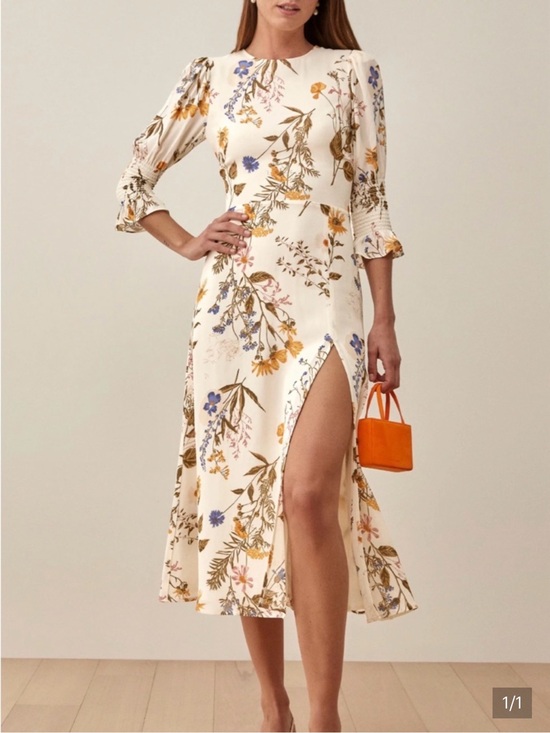 Reformation Dresses & Skirts - Reformation Carolena Black & Cream Spot Midi Dress with Smocked Cuffs, Side Slit